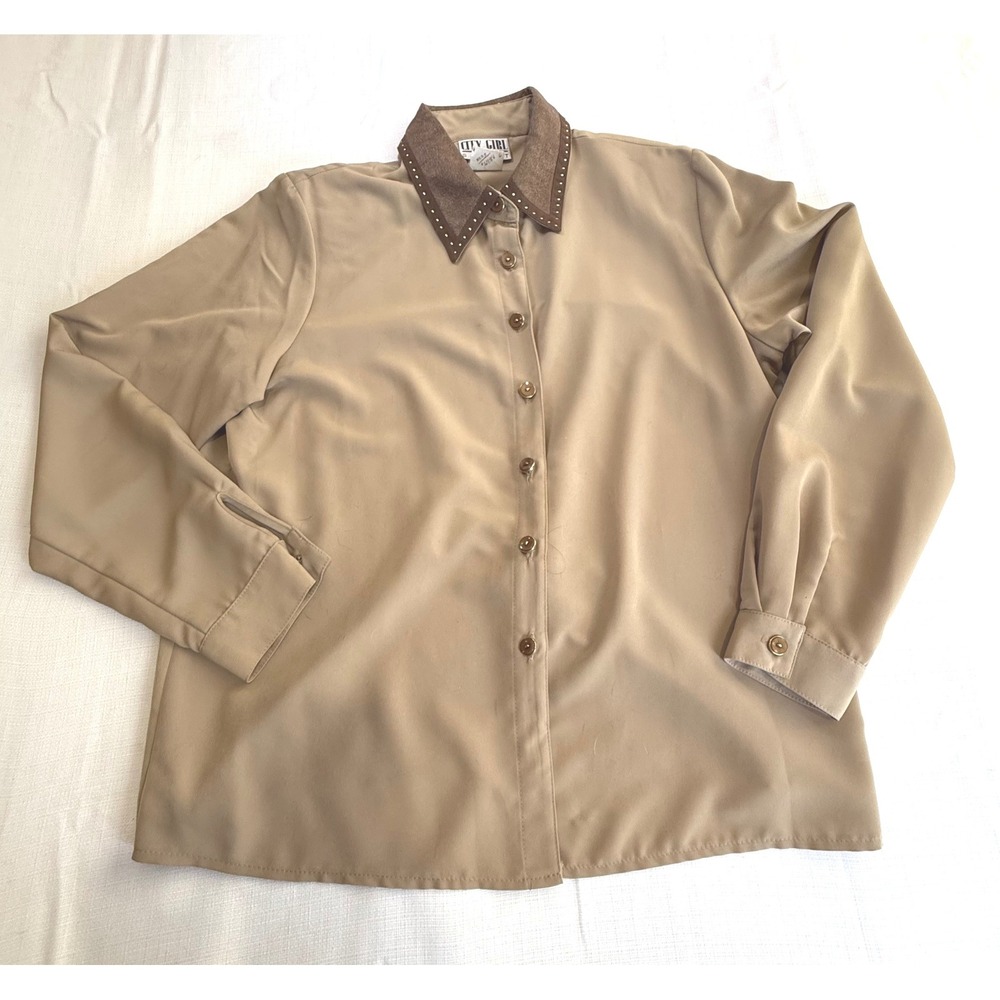 Vintage City Girl Sport Tan Stud Collar‎ Blouse Size 14 Y2K